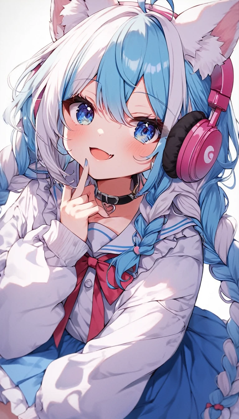 score_9, score_8_superior, score_7_superior, score_6_superior,a anime character has anime eyes and a headset on, also the white hair is long, 1girl, solo, animal ears, blue eyes, headphones, multicolored hair, braid, skirt, long hair, looking at viewer, white hair, blue hair, long sleeves, streaked hair, shirt, blue skirt, twin braids, animal ear fluff, ahoge