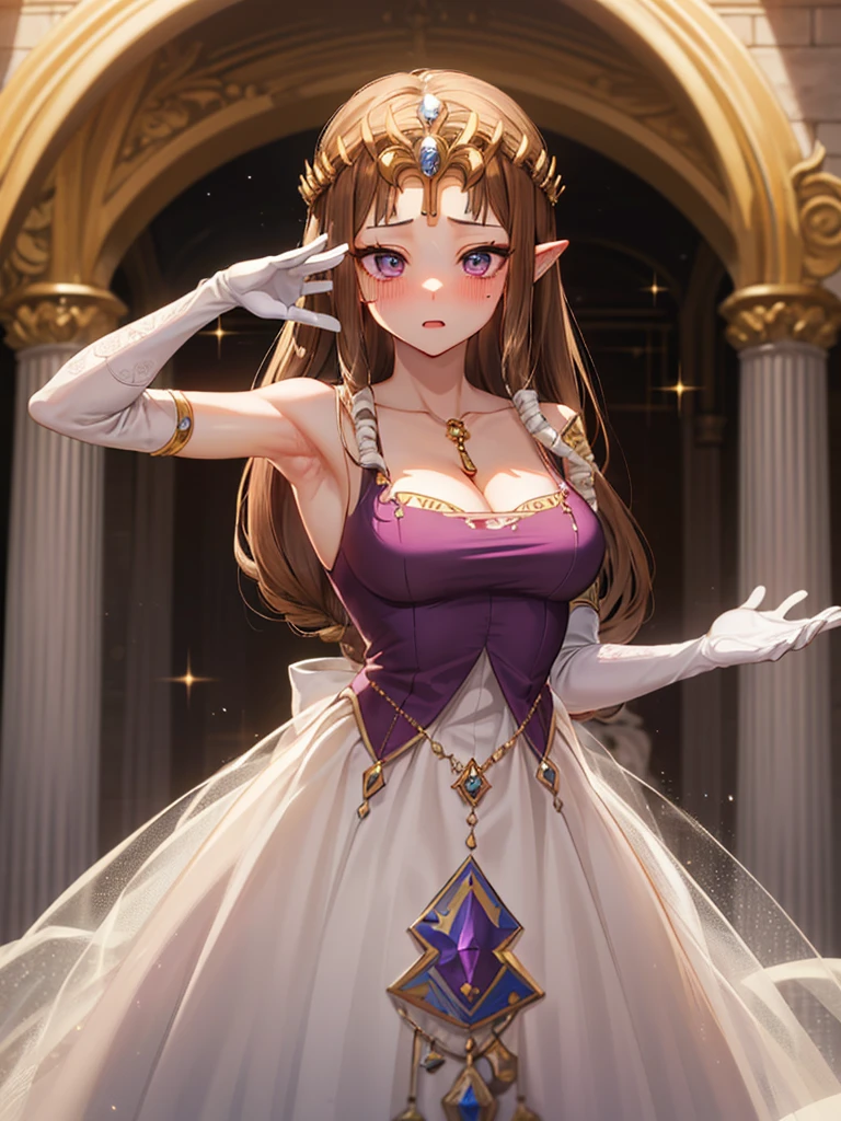 ((((POV)))),((alone))Anime art style,masterpiece,(Highest quality), (超detailed),(Very delicate and beautiful),(alone),(detailedな顔と目),Beautiful eyes like jewels,(A truly gorgeous jeweled ruffled rococo ball gown dress),(((((Mature Woman,Queen))))),((1 Queen in a beautiful embroidery and jeweled absolutely gorgeous rococo ballgown dress with voluminous full length hoop skirt)),((crinoline)),非常にdetailedな絶対にゴージャスなロココボールガウンドレスとフリルのボリュームのあるフルレングスのフープスカート,((Lots of straight hair,Very long straight hair with great volume,Super long straight hair)),,Cleavage,(bed),length_gloves,Very gorgeous hair ornament,Sparkling、A very gorgeous jewel-encrusted tiara,((Gorgeous Glitter Jewelry)),,((((Show your armpits)))),(()),((((Front Face)))),((()))),((((Beautiful Face)))),(((()))),()),(((Long Hair)))),((((Straight hair)))),((Cleavage)),((((Dark brown hair)))),Princess Zelda,(()), ((Highest quality)),,(非常にdetailed) ,((Purple blouse)),,Brown Hair,((((Blushing)))), (非常にdetailed),((detailed)),((())),Nintendo, The Legend of Zelda),Crying face,Blushing,((alone)), ((Highest quality)), (非常にdetailed), ,
