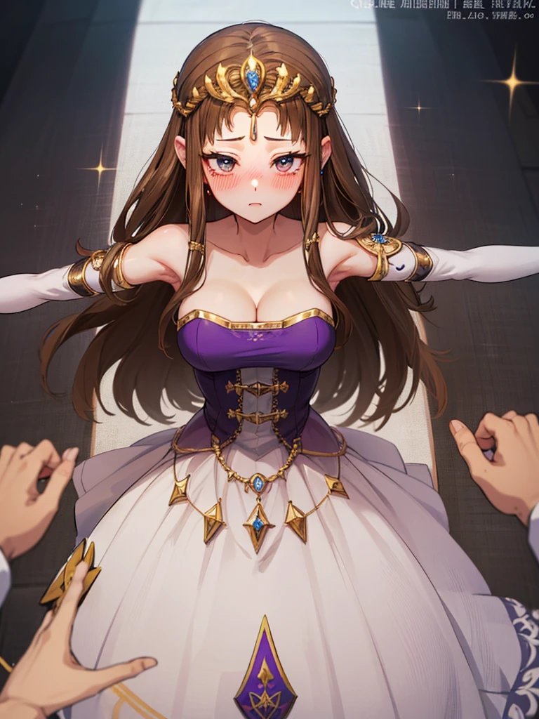 ((((POV)))),((alone))Anime art style,masterpiece,(Highest quality), (超detailed),(Very delicate and beautiful),(alone),(detailedな顔と目),Beautiful eyes like jewels,(A truly gorgeous jeweled ruffled rococo ball gown dress),(((((Mature Woman,Queen))))),((1 Queen in a beautiful embroidery and jeweled absolutely gorgeous rococo ballgown dress with voluminous full length hoop skirt)),((crinoline)),非常にdetailedな絶対にゴージャスなロココボールガウンドレスとフリルのボリュームのあるフルレングスのフープスカート,((Lots of straight hair,Very long straight hair with great volume,Super long straight hair)),,Cleavage,(bed),length_gloves,Very gorgeous hair ornament,Sparkling、A very gorgeous jewel-encrusted tiara,((Gorgeous Glitter Jewelry)),,((((Show your armpits)))),(()),((((Front Face)))),((()))),((((Beautiful Face)))),(((()))),()),(((Long Hair)))),((((Straight hair)))),((Cleavage)),((((Dark brown hair)))),Princess Zelda,(()), ((Highest quality)),,(非常にdetailed) ,((Purple blouse)),,Brown Hair,((((Blushing)))), (非常にdetailed),((detailed)),((())),Nintendo, The Legend of Zelda),Crying face,Blushing,((alone)), ((Highest quality)), (非常にdetailed), ,