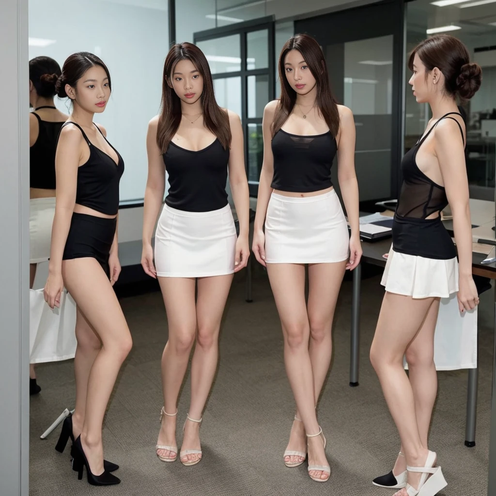 photo realistic of 3 beautiful german oriental lined up. students with friends. bob hair. transparent, see through. topless. in office room. half body view. nsfw. walking pose. knee apart. tight office mini skirt. sit in office table. body 160 centimeters heights. panties. half view