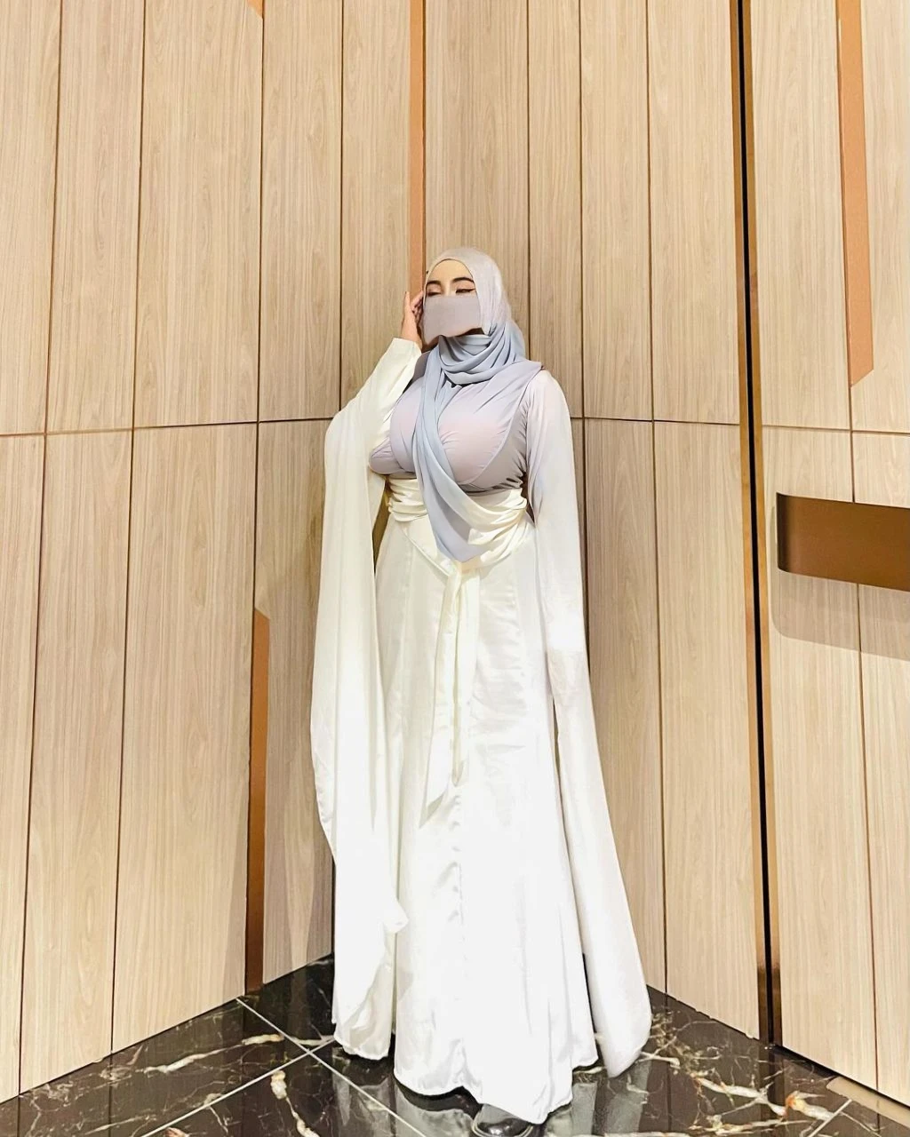 High resolution UHD, Improvement of quality, Soft lighting, Highly detailed, Very detailed on clothes, high quality clothes, Advanced Details, Sharp Focus, High resolution, Big Boobies, Big Breasts, Breasts Covered With Hijab and Dress, Real clothes, Real Lighting, Same clothes, Same dress With Big Breasts, Big Boob Undershirt covered