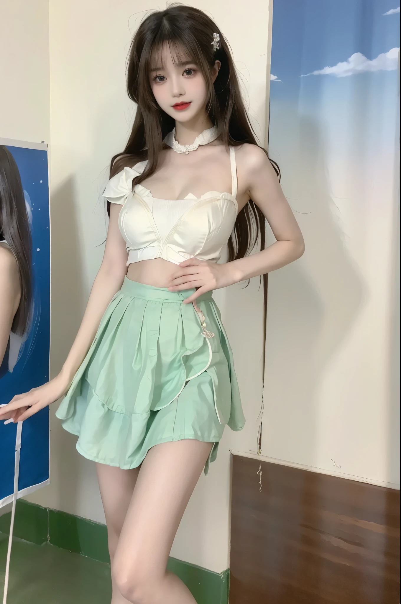 Beauty, beautiful女人,Have a perfect body:1.4,Layered Hairstyle,((Big breasts)), ((D cup)), Visible cleavage,Bare shoulders, Highly detailed face and skin texture,Double eyelids,Skin Whitening,Long hair,Whitening long legs,Standing by the sea, Fashion girl, Red lips, Sweet maiden, beautiful妆容, detail, lifelike, Very detailed, amazing, beautiful, Young and energetic, high quality,High Definition, rich and colorful,Exquisite, Smooth skin, The skirt is short, Lift the skirt with your hands, Elegant and charming posture, Official Art, Extremely detailed, Movie atmosphere, Soft colors, Natural skin texture,