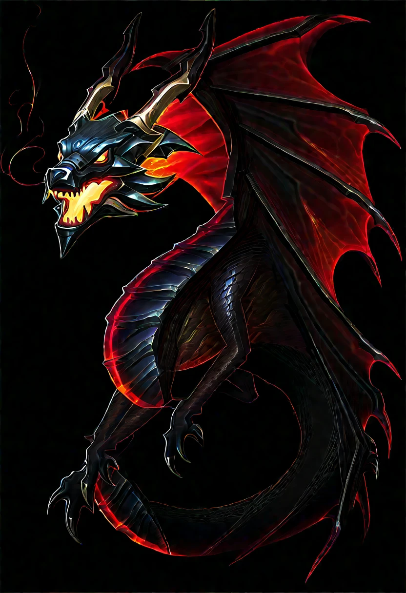 Glowing black and red fire dragon with bioluminescence 