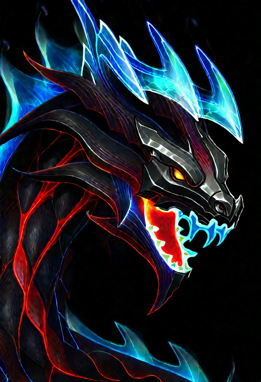 Glowing black and red fire dragon with bioluminescence