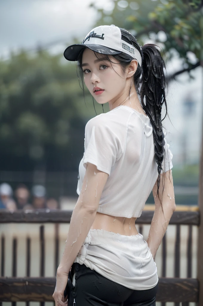 (Extremely meticulous CG),(((8k))),wallpaper,((Extremely refined and beautiful)),(((Masterpiece))),(((best qualtiy))),(((Ultra High Resolution))),realistic shaded,(Smooth and flawless fair skin:1.5),(Extremely exquisite facial details:1.2),(ultra-detailed:1.5),((a beautiful girl,solo)),(White baseball cap:1.5),(short ponytail:1.3),(wet hair:1.5),(small head:1.2),(slender face:1.2),(Exquisite makeup:1.3),(happy:1.2),(laughing:1.2),(perfect body:1.1),(wet:1.5),(sweat:1.3),(shiny skin:1.5),(white shirt with short sleeves:1.3),(bare back:1.3),(towering hips:1.3),(butt crackl:1.3),(black gauze pants:1.5),((slim,thin)),(from back:1.3),(standing:1.3),(at the schoolgate:1.5),(urban landscape:1.3),(outdoor:1.3),(summer:1.3),(day scene:1.3),(dark lighting:1.5),(cloudy:1.5),(rainy:1.3),(overcast:1.5),(upper body:1.3),(surrounded by crowded crowds:1.5)