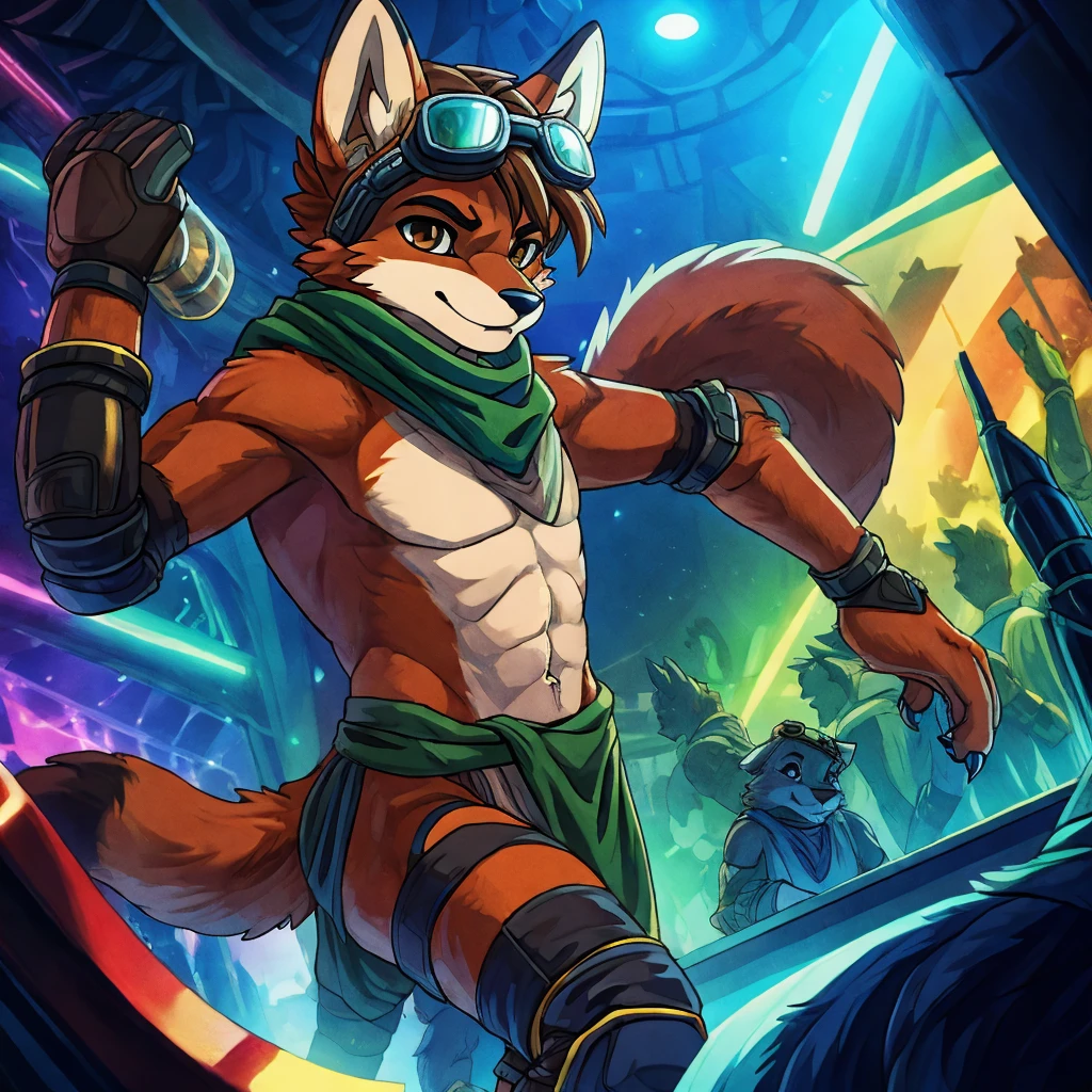 highres, High-quality illustrations, unparalleled masterpiece(movie of life)(furry anthro:1.7)absurd resolution (highly detailed beautiful face and eyes)perfect anatomy, expression, caustics, dynamic angle, top quality, soft color, Vintage images, highres, High-quality illustrations, unparalleled masterpiece, (furry anthro:1.7)absurdres(highly detailed beautiful face and eyes)perfect anatomy, expression, caustics, no lighting deep shadow, masterpiece, high quality, hi res, solo, Furry, furry, teen, red fox, spiked brown hair only on head, collar, brown eyes, goggles, Black loincloth, green scarf, ((elbow pads)), ((knee pads)), masterpiece, No muscles, Detailed hands, detailed face, detailed eyes, detailed body, Flat body, Skinny, claws, high resolution, metal cuffs on wrists, no shirt, no underwear, crowded nightclub, at the bar, smug, side view
