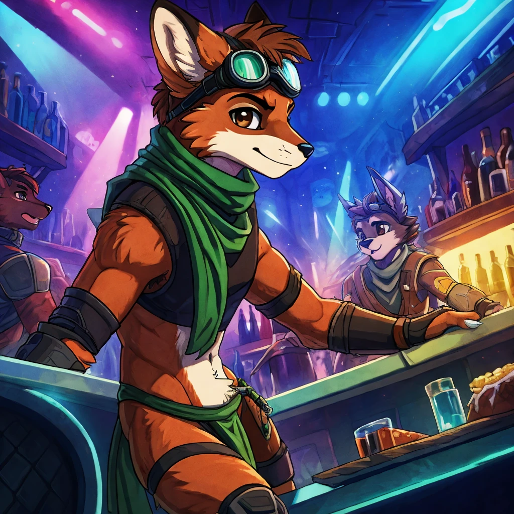 highres, High-quality illustrations, unparalleled masterpiece(movie of life)(furry anthro:1.7)absurd resolution (highly detailed beautiful face and eyes)perfect anatomy, expression, caustics, dynamic angle, top quality, soft color, Vintage images, highres, High-quality illustrations, unparalleled masterpiece, (furry anthro:1.7)absurdres(highly detailed beautiful face and eyes)perfect anatomy, expression, caustics, no lighting deep shadow, masterpiece, high quality, hi res, solo, teen Furry, furry, teenager, red fox, spiked brown hair only on head, collar, brown eyes, goggles, Black loincloth, green scarf, ((elbow pads)), ((knee pads)), masterpiece, No muscles, Detailed hands, detailed face, detailed eyes, detailed body, Flat body, Skinny, claws, high resolution, metal cuffs on wrists, no shirt, no underwear, crowded nightclub, at the bar, smug, side view