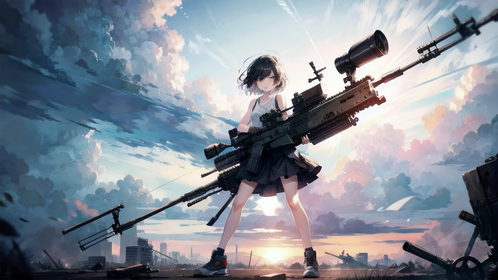 (Torn clothes), Tank top shirt, skirt, Anti-tank rifles, Rocket Launcher, Assault rifle, Beam rifle, Handgun, ruins, Absurd, RAW Photos, Very delicate and beautiful, masterpiece, Highest quality, Ultra-high resolution, 32K, Surreal, Very detailed, Detailed Description, Pale skin, 20-year-old, Tearful mole, Earrings, Short Medium Hair, Wavy Hair, Full Body Shot,