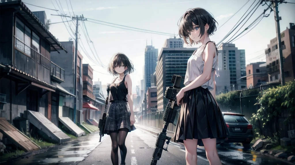 (Torn clothes), Tank top shirt, skirt, Anti-tank rifles, Rocket Launcher, Assault rifle, Beam rifle, Handgun, ruins, Absurd, RAW Photos, Very delicate and beautiful, masterpiece, Highest quality, Ultra-high resolution, 32K, Surreal, Very detailed, Detailed Description, Pale skin, 20-year-old, Tearful mole, Earrings, Short Medium Hair, Wavy Hair, Full Body Shot,