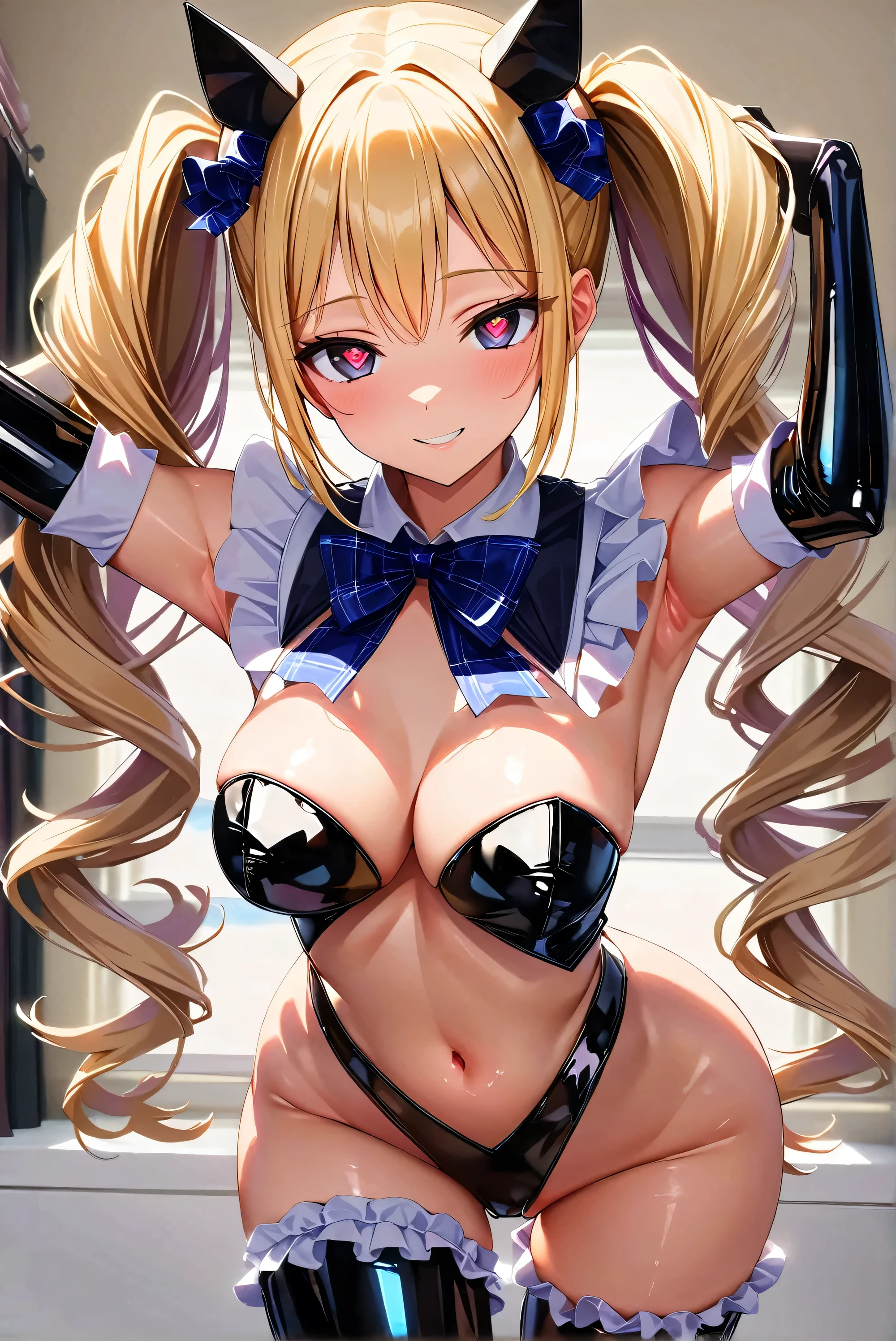 masterpiece, best quality, 1girl,blonde hair,Sui, (finely detailed heart shaped pupils and detailed face),,cowbody shot,lovestruck,extremely detailed picture unity 8k wallpaper,solo,(latex maid costume:0.9),glamour body,seductive smile,latex thighhigh