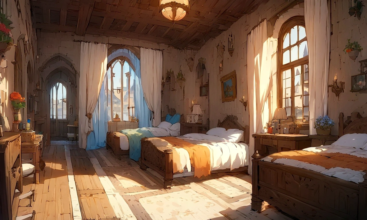 ((((masterpiece, Highest quality, High resolution)))), High detail, manga，anime，Illustration Style，Use of bright colors，The color scheme is reminiscent of daytime scenes from Ghibli Studios.., The fantasy world of medieval Europe,Bedroom in a house in the city, Villa bedroom,Sophisticated interior,There are four beds in a row,Sunlight is shining through the window、Large space，No humans， RPG-like scenery, Wine and delicious food on the bedside table., The sky is bright blue、Fluffy white clouds floating, And the sun is shining brightly, Creates a magical and comfortable atmosphere, Bright daytime atmosphere.