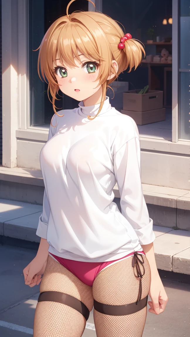 masterpiece, best quality, highres, 1girl, detailed face, blush, anime CG style, (medium breasts), (18 year old girl:1.3), (aged up), good lighting, perfect body, sakura kinomoto, glossy lips, blush, (white fishnets)