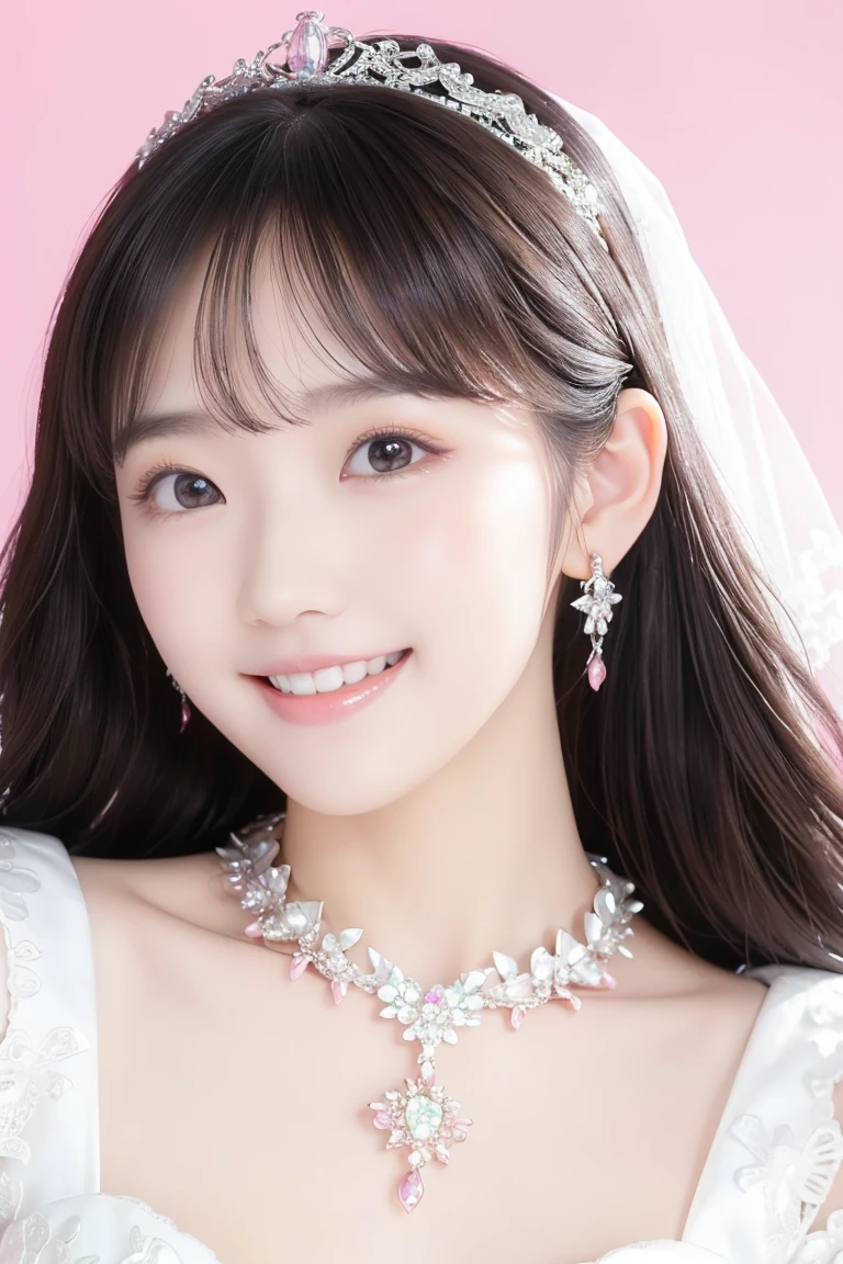 (Highest quality、Tabletop、8k、Best image quality、Award-winning works)、One beautiful bride、(alone:1.1)、(The most extravagant and gorgeous huge pure white wedding dress:1.1)、(Perfect Wedding Lace:1.2)、(The most gorgeous and luxurious giant tiara:1.3)、(The most extravagant and luxurious giant necklace:1.3)、(Huge jeweled tiara:1.3)、(Large Breastsの谷間:1.2)、(Large Breasts:1.2)、Smiling widely and showing off beautiful teeth、Look at me with your best smile、The finest jewellery decoration、Perfect Makeup、Long eyelashes、Ultra HD Shining Eyes、Ultra HD Hair、Ultra-high resolution glossy lips、Ultra High Resolution Perfect Teeth、Super high resolution beautiful face、(Accurate anatomy:1.1)、Very bright and beautiful skin、very bright and vivid、Beautiful glossy lips、Perfect beautiful bridal hairstyles、(Front facing body:1.1)、(Solid pink background:1.2)、Full Body Photo