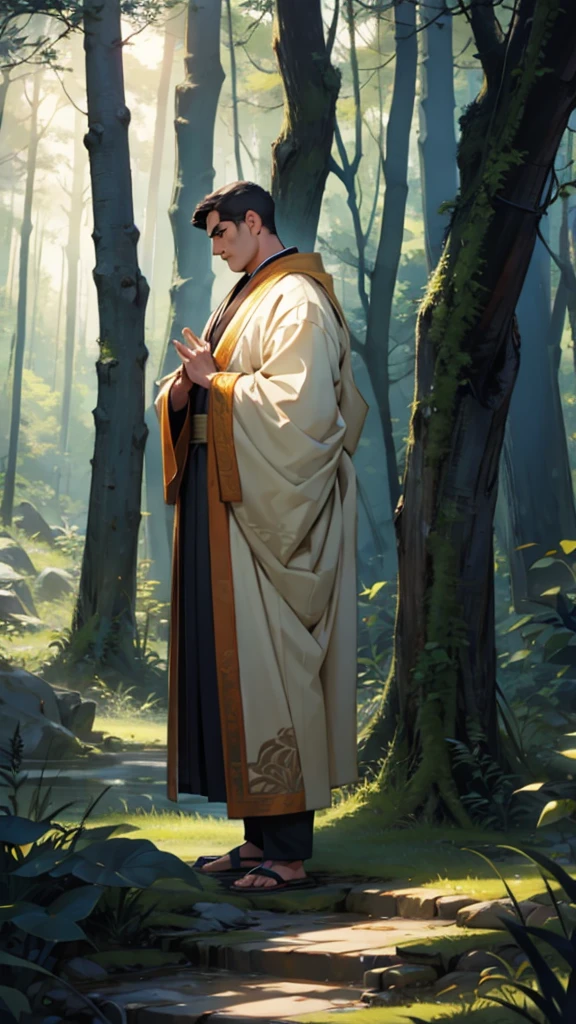 Lord Buddha standing in the middle of the forest and explaining to a young man