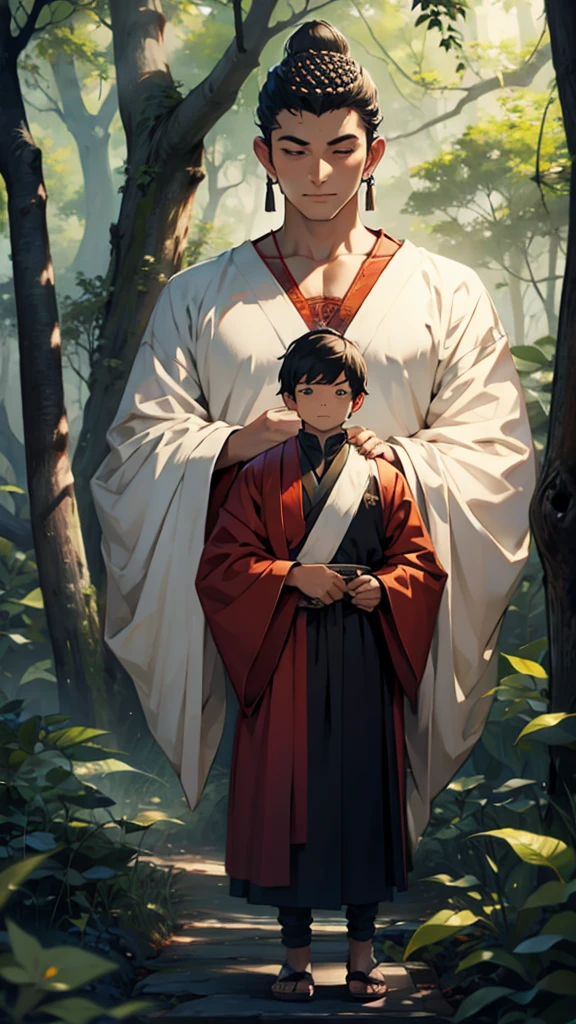 Lord Buddha standing in the middle of the forest and explaining to a young man
