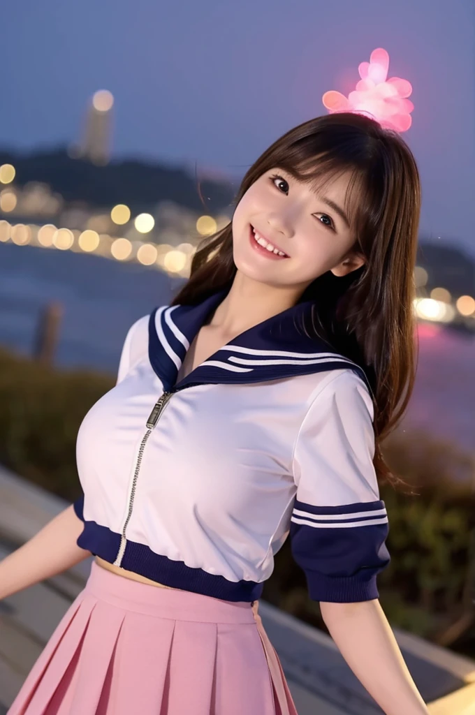 Image resolution 8K、masterpiece:1.3、cute、1 girl、(魅力的なBody Type:1.2)、abdomen:1.1、Dark brown hairstyle:1.1、(Body Type:1)、Ultra-detailed face、Attractive lips、double eyelid、Ultra-realistic and detailed Japanese school girl in a white short-sleeved zippered sailor suit and pink skirt、日本人のcute女の子、10th Generation、 (18-year-old)、Night view and large fireworks in the background、 Size: 82cm、Smiling with a nice smile、color々Hair style、Hair blowing in the wind、Beautiful breast