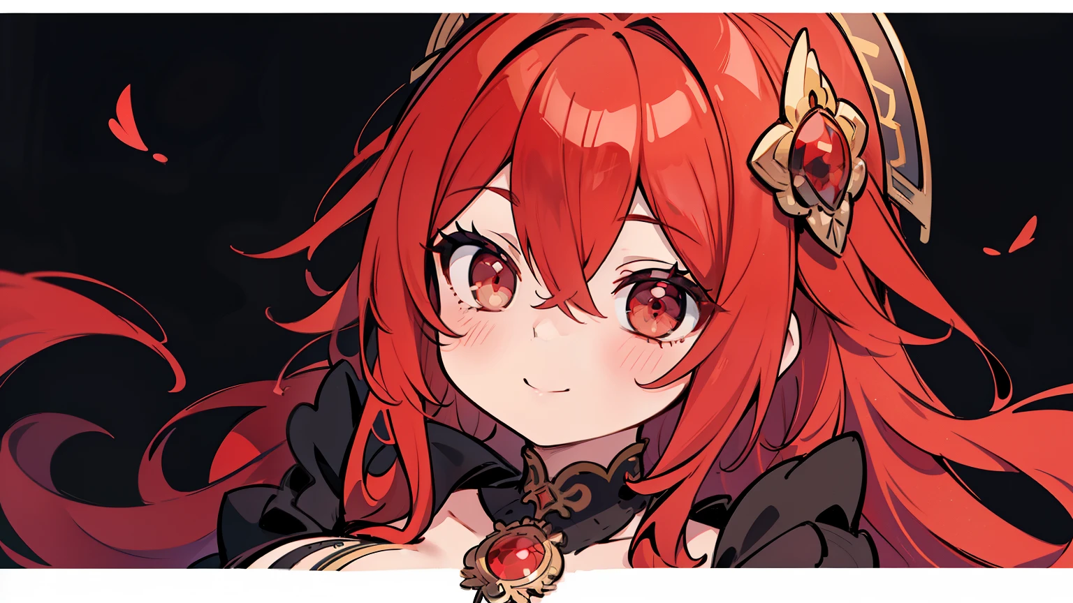 masterpiece, beautiful detailed, { wearing gothic fashion}, pastel color,  red Eyes, red hair, wavy hair, 1girl, big smile, medium breasts, hair ornament, hair intakes, {{{{{Alphonse Mucha}}}}},{{{bold outline}}}, limited palette