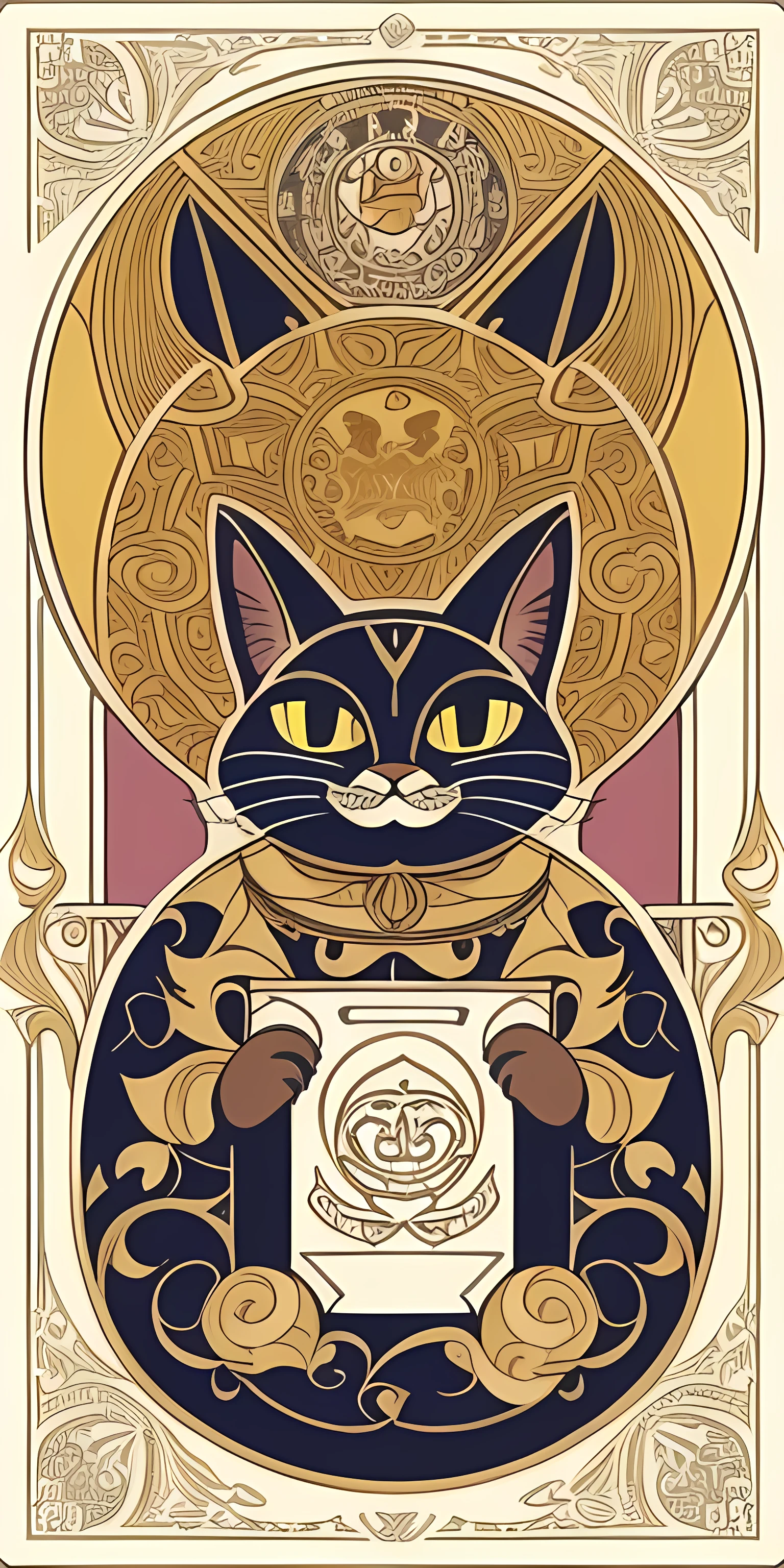 Top quality, Best quality, logo mark, stamp, Geometric pattern, Vector Art, High-quality illustrations by Alfons Mucha, Masterpiece( Hairy Cheshire_cat, A bright smile)Tarot card theme, Pixel Art,