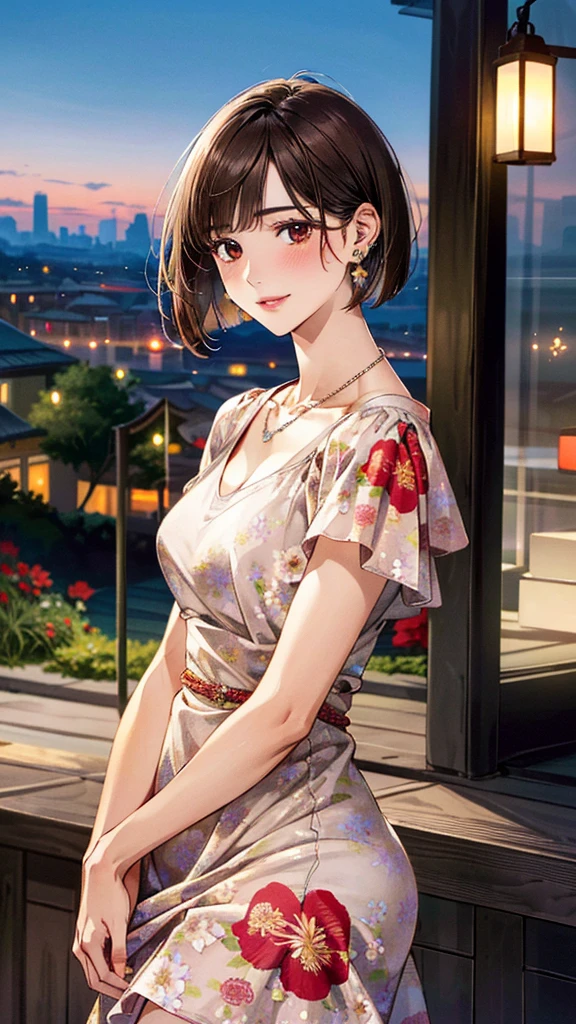 (masterpiece:1.3, Highest quality, Ultra-high resolution, Super detailed), (Realistic, photoRealistic:1.4), Beautiful illustrations, Perfect lighting, colorful, Depth of written boundary,
Beautiful detailed hair, Beautifully detailed face, Beautiful fine details, Beautiful clavicle, Beautiful body, Beautiful breasts, Beautiful thighs, Beautiful feet, Beautiful fingers,
View Viewer、Front view:0.6, 1 girl, Japanese, Female college student, Perfect Face, (Perfect Anatomy, Anatomically correct), Cute and symmetrical face, Baby Face, , Shiny skin,
((Floral dress:1.4))
(Dark brown hair, Bobcut:1.4), Dark brown eyes, (Large Breasts), thin,
necklace, (Small earrings:1.3),
(Beautiful views), (night), (city, cityscape in the distance), Are standing, A soft smile、(Smile, Lips parted),