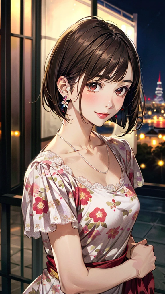 (masterpiece:1.3, Highest quality, Ultra-high resolution, Super detailed), (Realistic, photoRealistic:1.4), Beautiful illustrations, Perfect lighting, colorful, Depth of written boundary, 
Beautiful detailed hair, Beautifully detailed face, Beautiful fine details, Beautiful clavicle, Beautiful body, Beautiful breasts, Beautiful thighs, Beautiful feet, Beautiful fingers, 
View Viewer、Front view:0.6, 1 girl, Japanese, Female college student, Perfect Face, (Perfect Anatomy, Anatomically correct), Cute and symmetrical face, Baby Face, , Shiny skin, 
((Floral dress:1.4))
(Dark brown hair, Bobcut:1.4),  Dark brown eyes, (Large Breasts), thin, 
necklace, (Small earrings:1.3), 
(Beautiful views), (night), (city, cityscape in the distance), Are standing, A soft smile、(Smile, Lips parted), 