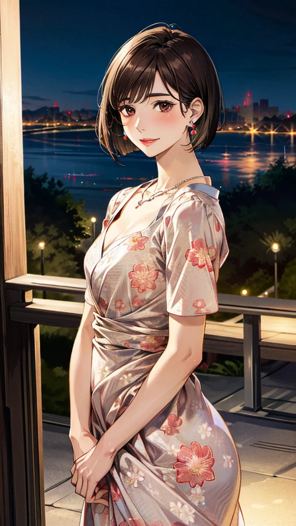 (masterpiece:1.3, Highest quality, Ultra-high resolution, Super detailed), (Realistic, photoRealistic:1.4), Beautiful illustrations, Perfect lighting, colorful, Depth of written boundary,
Beautiful detailed hair, Beautifully detailed face, Beautiful fine details, Beautiful clavicle, Beautiful body, Beautiful breasts, Beautiful thighs, Beautiful feet, Beautiful fingers,
View Viewer、Front view:0.6, 1 girl, Japanese, Female college student, Perfect Face, (Perfect Anatomy, Anatomically correct), Cute and symmetrical face, Baby Face, , Shiny skin,
((Floral dress:1.4))
(Dark brown hair, Bobcut:1.4), Dark brown eyes, (Large Breasts), thin,
necklace, (Small earrings:1.3),
(Beautiful views), (night), (city, cityscape in the distance), Are standing, A soft smile、(Smile, Lips parted),