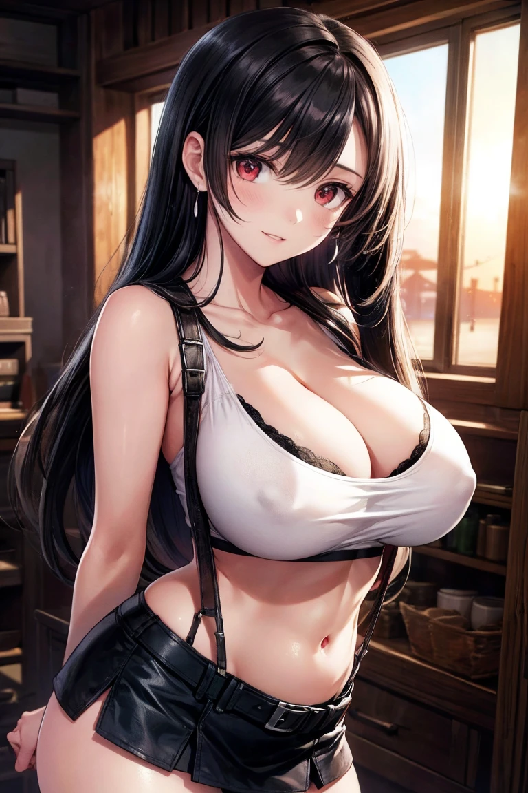 from side.,thighs angle,straight-on,standing,arms behind back,Realistic,(UHD), ((Highest quality, Very delicate and beautiful, High resolution)),(hyper digital),(cute:1),(One girl:1.3), faint lips,Tifa_Lockhart, red eyes,, Black mini skirt, Tank top,suspenders, Black Hair, Long Hair, Elbow hand pockets, Beautiful and detailed red eyes, Face Light, belly button, High exposure, abdomen,abs,, high expose one's stomach.rib, Abdominal muscles, (big breasts:1),beautiful,(smile,).(mediumshot),hands in hair,sharp focus,(cinematic lighting,professional lighting),sunset is indoor,gamma,