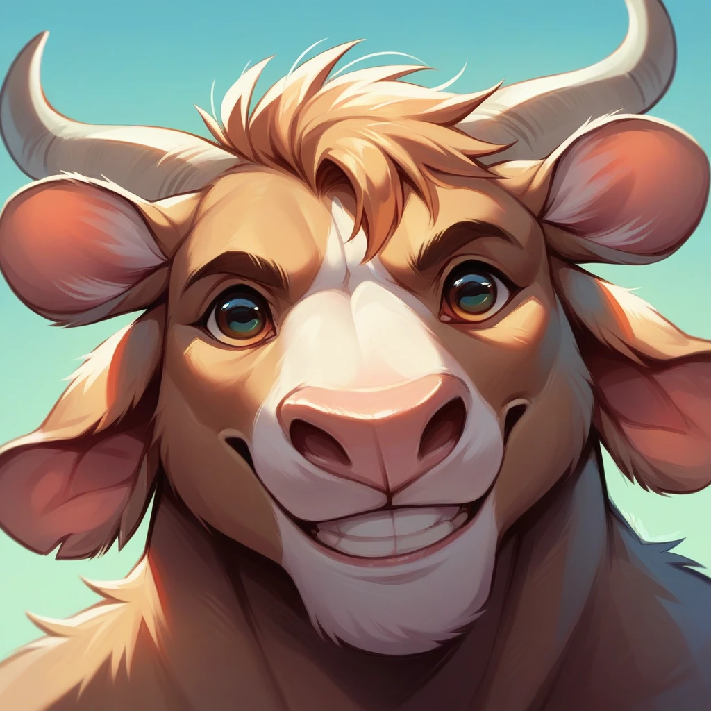 Create img of a cow, a goat, and a buffalo, smiling to the camera. Close up view from peeking hole.
