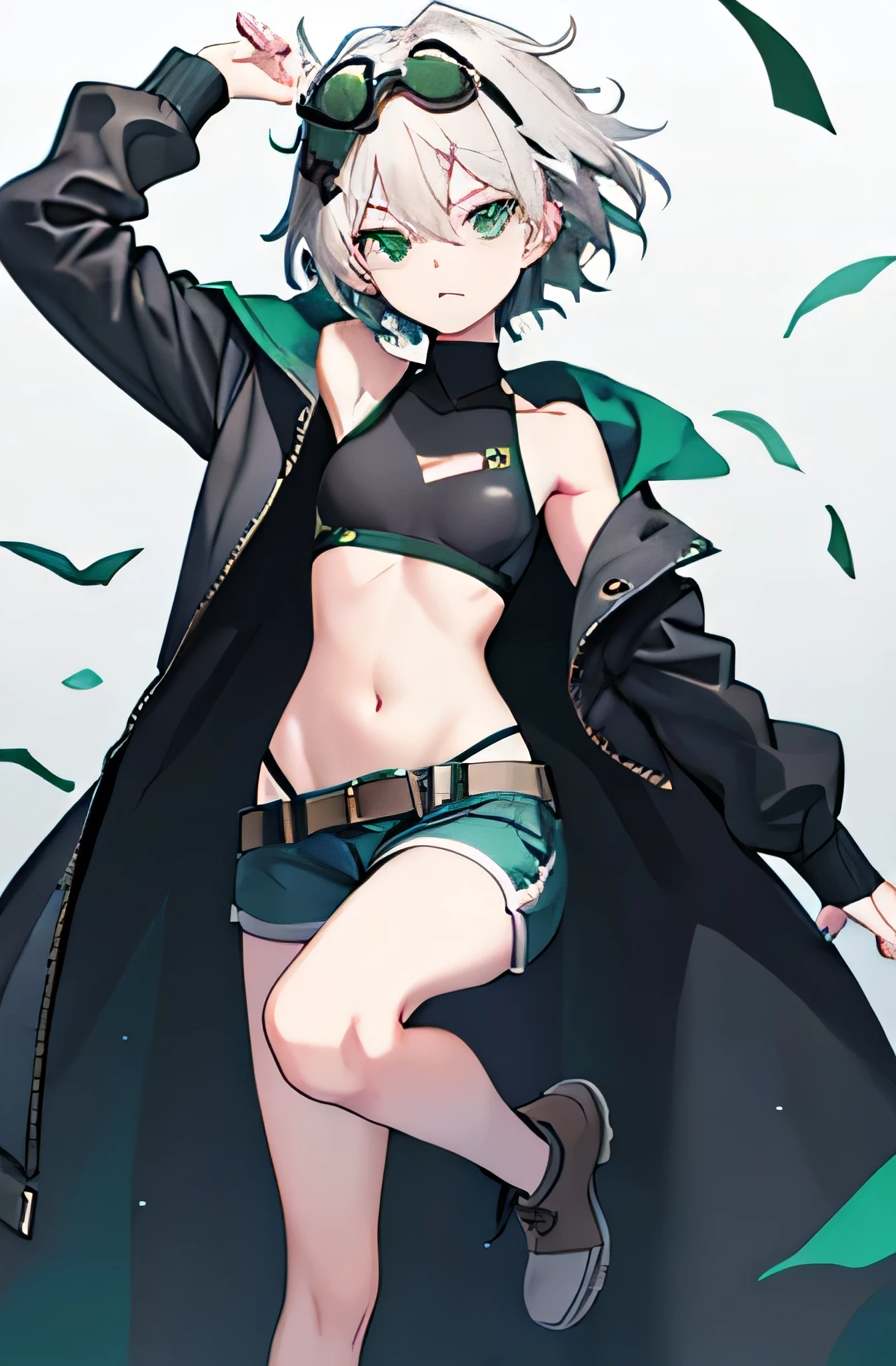 Short Hair、Confused eyes、Green Eyes、Dynamic Pose、Gray Hair、Girl、、White Hair、Habitual hair、Messy hair、Grey short hot pants、Brown belt、Revealing clothing、Navel dashi style、black long coat、Brown boots、Depict the whole body、Accurate depiction、8K quality、Green knit top、He wears black-rimmed green film goggles on his head.