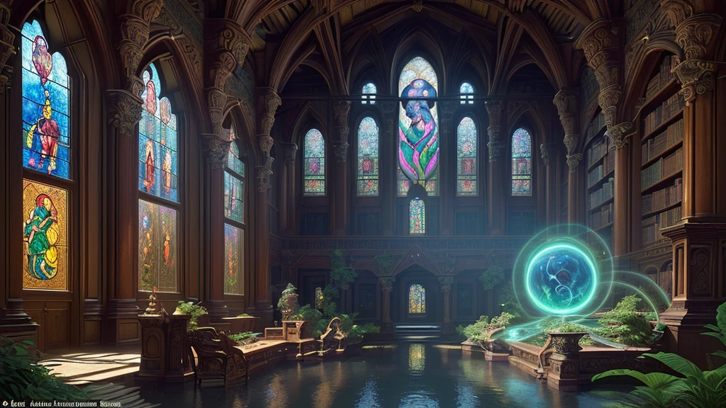 A DSLR photo, award-winning, with deep rich saturated colors and good contrast, shot with a Goerz Hypergon f/8 lens. An ancient mystical library with overgrown plants and exquisitely hyperdetailed laser-crafted stone and wood waterflows inside, bordering around awe inspiring walkways full of splendor and prowess. Sunrays create volumetric light, casting a magical glow throughout the space. The architecture blends motifs and styles from many cultures, featuring God-level hyperintricate carvings, stained-glass windows, sculptures, statues, furniture, and colorful tapestries. The scene exudes an otherworldly, dreamlike quality, with lush greenery intertwining with the old wooden bookshelves, and the serene sound of flowing water enhancing the tranquil atmosphere.