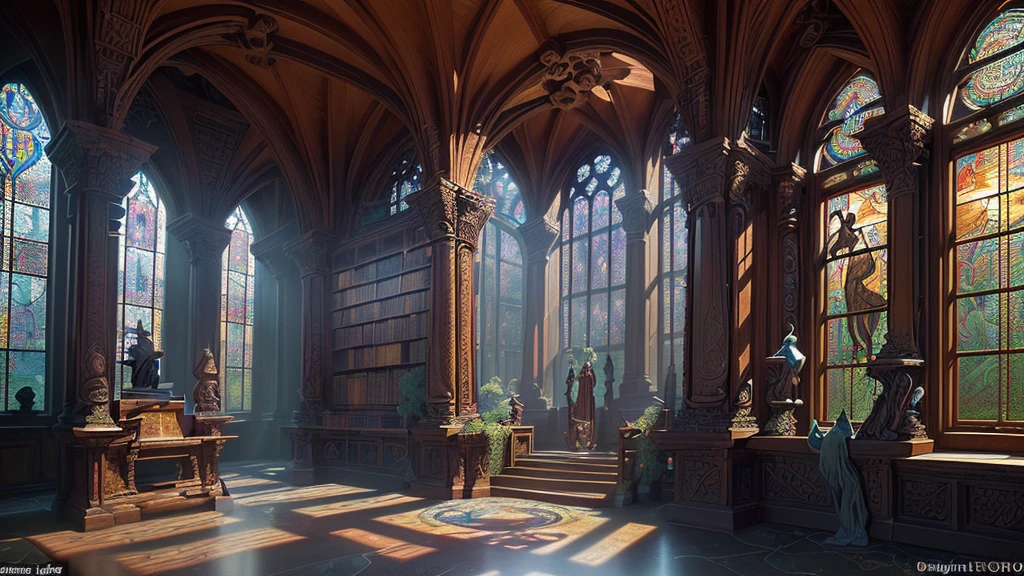 A DSLR photo, award-winning, with deep rich saturated colors and good contrast, shot with a Goerz Hypergon f/8 lens. An ancient mystical library with overgrown plants and exquisitely hyperdetailed laser-crafted stone and wood waterflows inside, bordering around awe inspiring walkways full of splendor and prowess. Sunrays create volumetric light, casting a magical glow throughout the space. The architecture blends motifs and styles from many cultures, featuring God-level hyperintricate carvings, stained-glass windows, sculptures, statues, furniture, and colorful tapestries. The scene exudes an otherworldly, dreamlike quality, with lush greenery intertwining with the old wooden bookshelves, and the serene sound of flowing water enhancing the tranquil atmosphere.