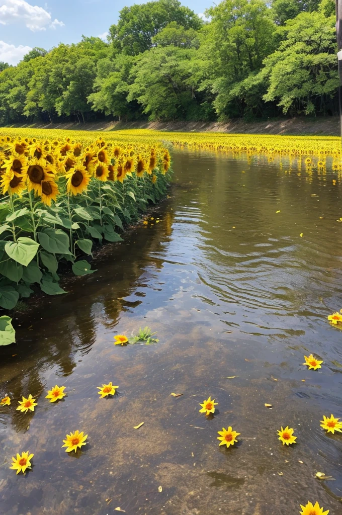 A riverbank filled with sunflowers and cherry blossoms