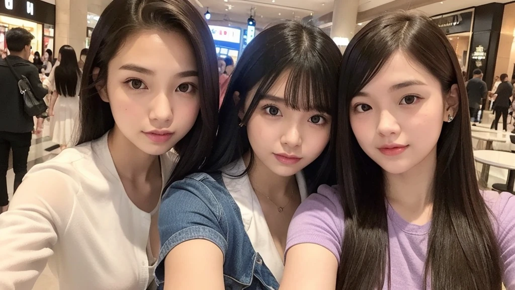 Indonesian girl 20-year-old  Hairstyle Casual, F Cup Breasts  wearing casual uptown  selfie with her friend at mall