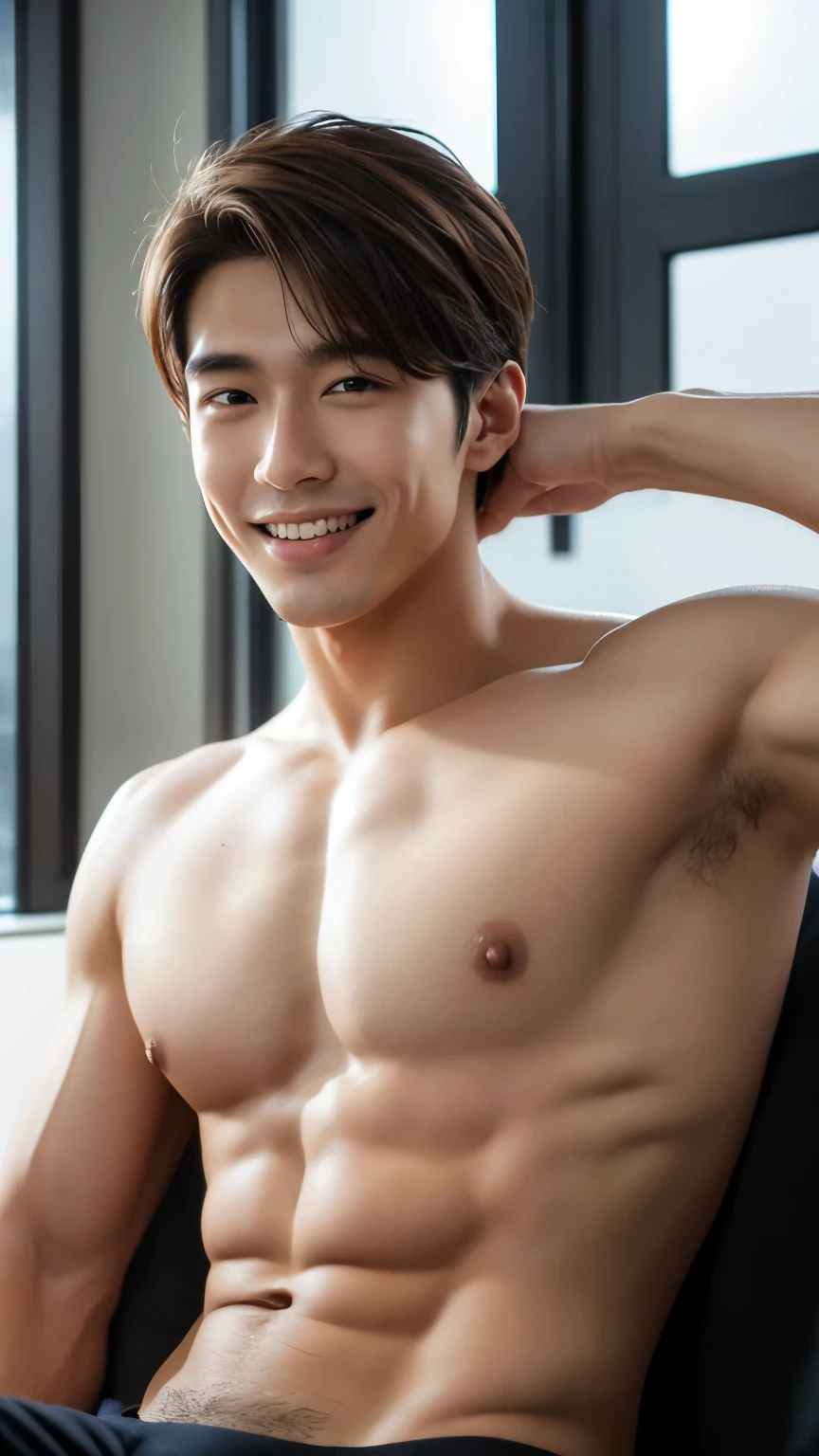 Realistic, 8k, whole body, Beautiful Boy, Japanese, Attractive appearance, detailedな顔のdetailed, Shirtless muscular man relaxing in an office at night,masterpiece, Highest quality, High resolution,detailed, (One Man), alone, detailed ,short hair,Brown Hair,Keep your eyes on the camera,Smiling with teeth showing,20th Generation,No chest hair,Beardless,Super handsome,Appearance like a K-Pop idol,Realistic Skin, Blur the background