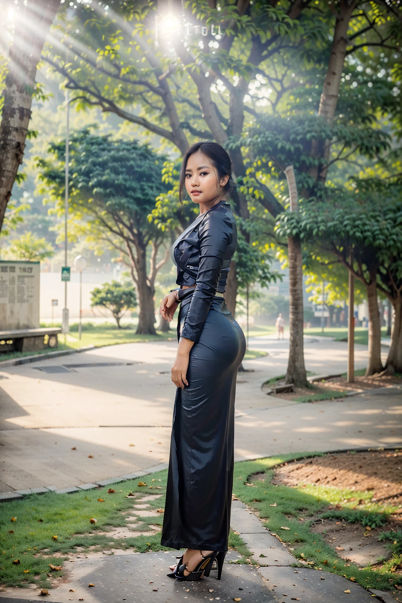 pretty aisan lady, pretty lady MoonLay, one girl, beautiful lady, beautiful face, cute smiling, bent over and stooping, seductively posing for photography, ((at the public park:1.7)), (bent over and arms down:1.4), ((lift up waist:1.2)), ((pouting ass:1.2)), ((clingy panty line:1.3)), ((full body view tilt rear view:1.5)),, (short legs), (slim waist and voluptuous body), wearing Myanmar traditional attire, wearing acmm long skirt, tight skirt, shimmering glossy satin skirt, with stiletto high heel, fine shadow, realistic added shadow, dramatic lighting, professional color graded, nikon d850 film stock photograph, cinematic lighting, cinematic shot, 4k resolution,