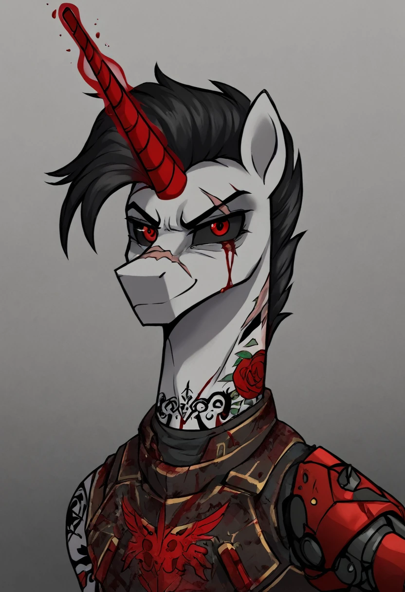 Alicorn stallion red and black hair, red cybernetic eyes, ,black sclera badass ,tattoo on neck, scar on left eye holding sniper with magic smirk, blood on face