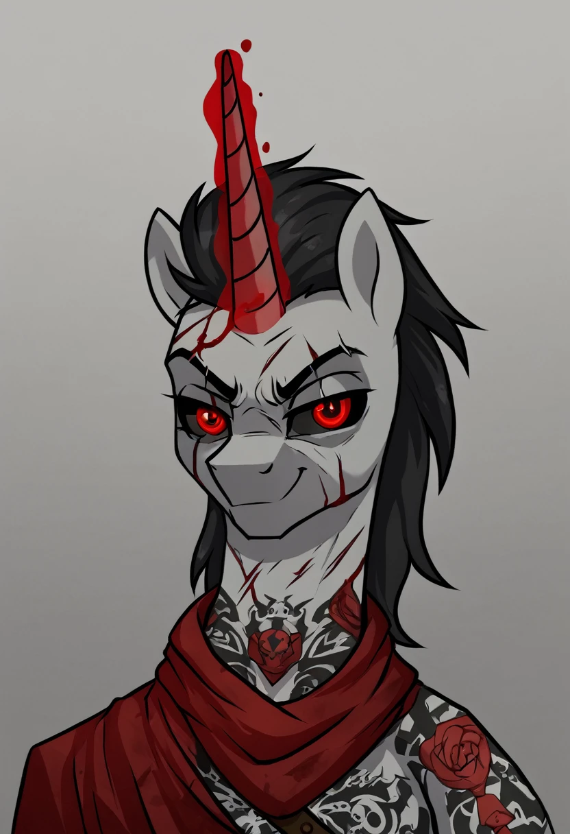 Alicorn stallion red and black hair, red cybernetic eyes, ,black sclera badass ,tattoo on neck, scar on left eye holding sniper with magic smirk, blood on face