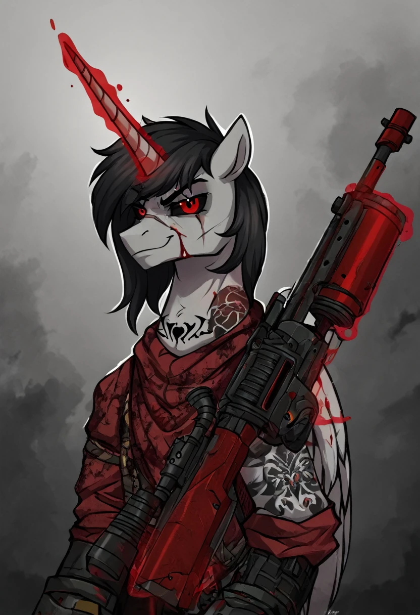 Alicorn stallion red and black hair, red cybernetic eyes, ,black sclera badass ,tattoo on neck, scar on left eye holding sniper with magic smirk, blood on face