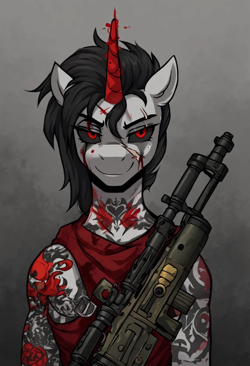 Alicorn stallion red and black hair, red cybernetic eyes, ,black sclera badass ,tattoo on neck, scar on left eye holding sniper with magic smirk, blood on face