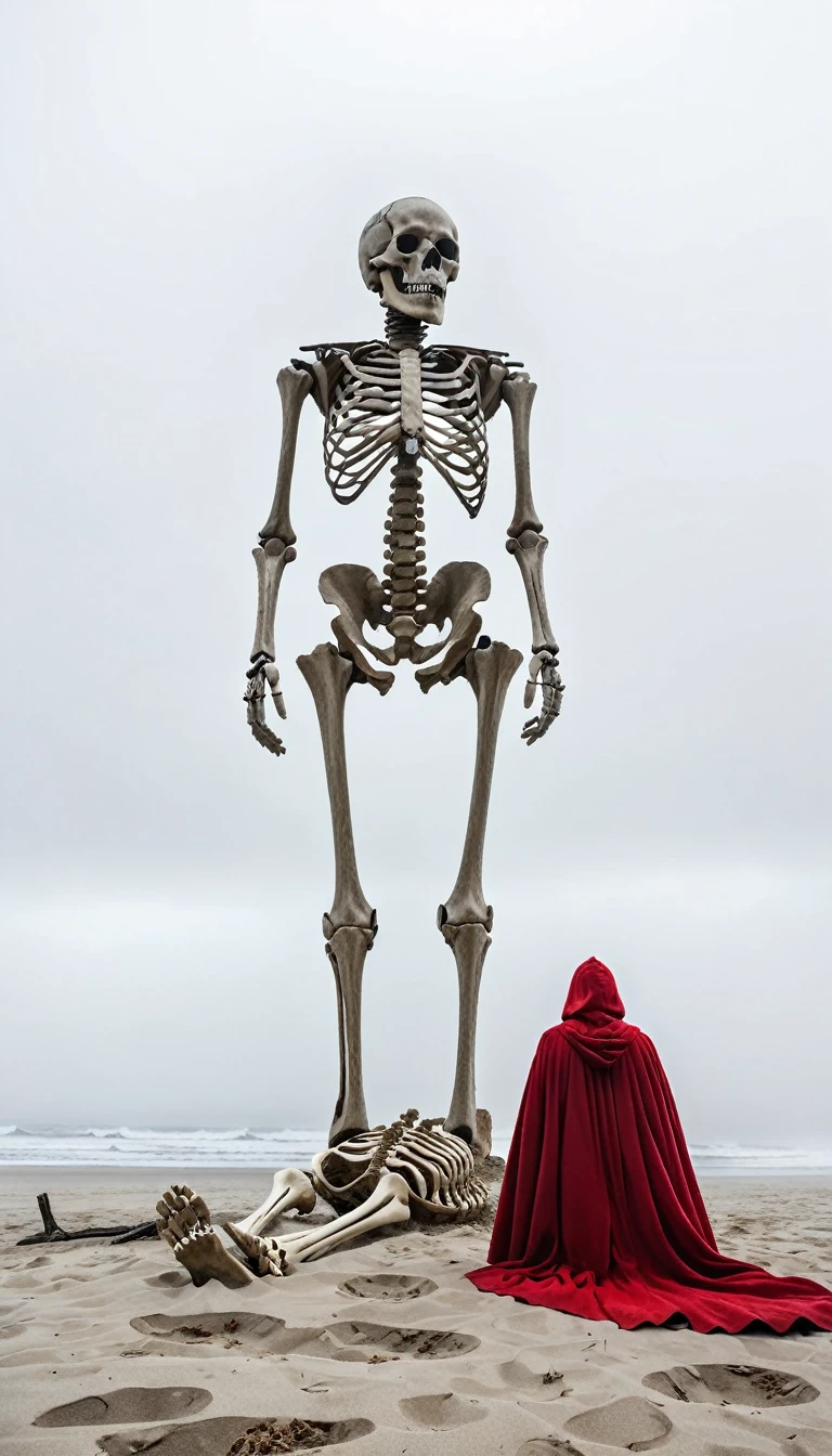 A foggy, eerie beach scene with a giant human skeleton lying on the sand. The bones are massive and weathered, partially buried in the sand. In the foreground, a person wearing a red cloak stands with their back to the viewer, looking at the skeleton. The atmosphere is mysterious and surreal, with mist and fog obscuring the distant background.