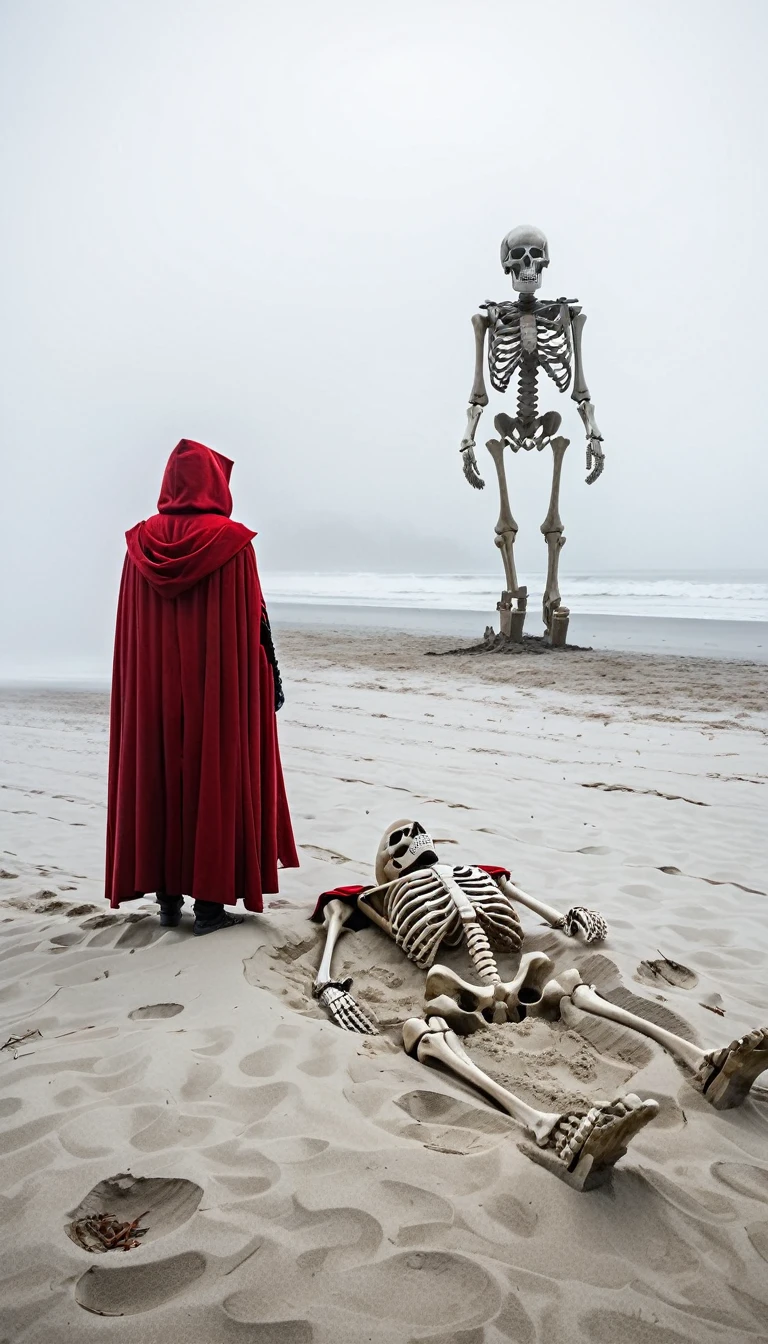 A foggy, eerie beach scene with a giant human skeleton lying on the sand. The bones are massive and weathered, partially buried in the sand. In the foreground, a person wearing a red cloak stands with their back to the viewer, looking at the skeleton. The atmosphere is mysterious and surreal, with mist and fog obscuring the distant background.