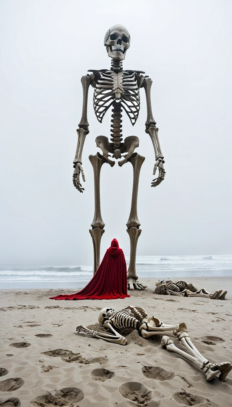 A foggy, eerie beach scene with a giant human skeleton lying on the sand. The bones are massive and weathered, partially buried in the sand. In the foreground, a person wearing a red cloak stands with their back to the viewer, looking at the skeleton. The atmosphere is mysterious and surreal, with mist and fog obscuring the distant background.