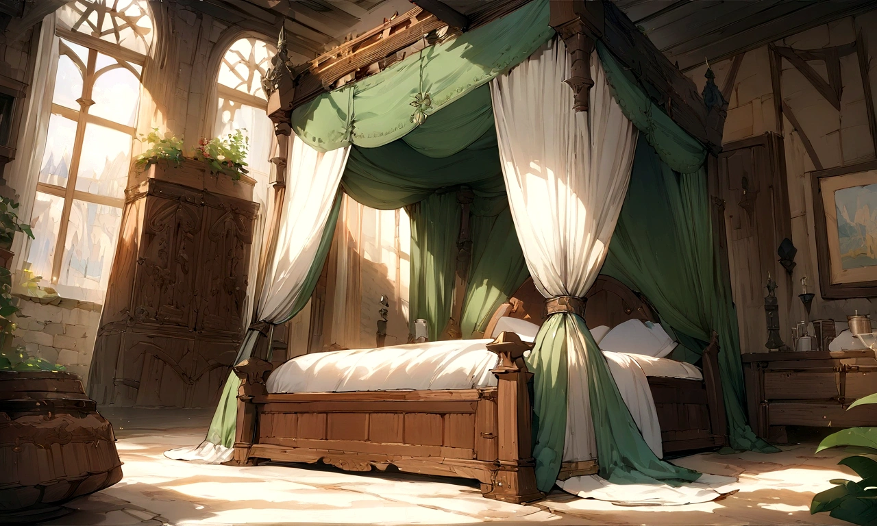 ((((masterpiece, Highest quality, High resolution)))), High detail, manga，anime，Illustration Style，Use of bright colors，The color scheme is reminiscent of daytime scenes from Ghibli Studios.., The fantasy world of medieval Europe,Bedroom in a house in the city, Sophisticated interior,large canopy bed,Sunlight is shining through the window、Large space，No humans， RPG-like scenery, Wine and delicious food on the bedside table., The sky is bright blue、Fluffy white clouds floating, And the sun is shining brightly, Creates a magical and comfortable atmosphere, Bright daytime atmosphere.