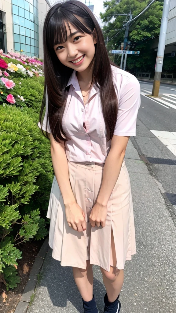 Raw photo、Ultra-realistic、Ultra detailed face、Detail lips、Detailed eyes、High school girl smiling showing her teeth、Long Hair:1.1、chest、Visible curves、Laughing with your mouth open 、Tokyo city角、 Whole body、( Slender body)、(Long Hair)、Big Breasts、Idol、(pastel colour)、18-year-old、Small face、Braid、 Tokyo city、Long beautiful legs 1.2、Curved waist、flower、uniform
