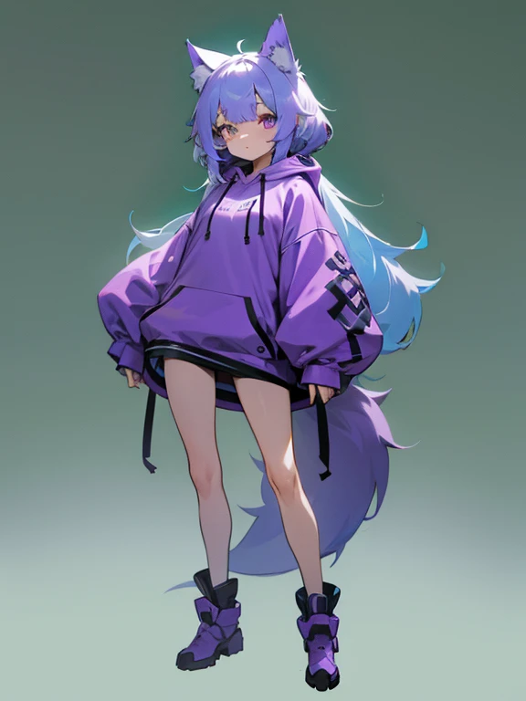 1girl,purple hoodie ,light blue hair,violet eye,wolf hair,yellow point collor, chibi,standing, put hands on body, full body,green background