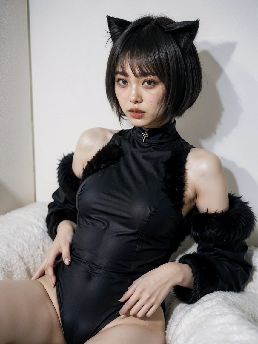 ((bowlcut-hair:1.5, black hair:1.5, blunt bang:1.5)), (Black Theme), ((Wearing a fluffy, high-leg fur leotard:1.4)), ((Off the shoulder)), (Cat ear:1.5), ((A cat&#39;s tail grows from its tailbone:1.5)), (Large Breasts:1.5), Cleavage,(Fur gloves), (Fluffy fur knee-high socks:1.5), ((choker, necklace)),Realistic, Cinema Lighting, 8k, masterpiece, Vibrant colors, Dramatic Shadows, Dynamic pose, (whole body, Long Shot)