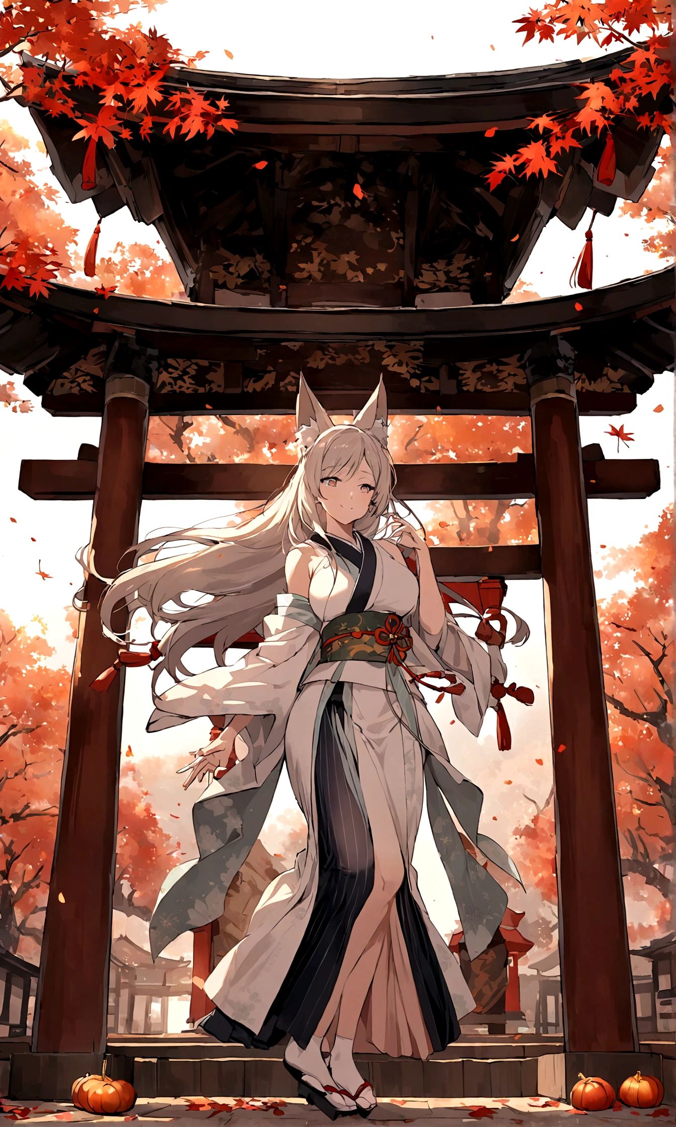 (Fox ears),Mature and elegant,Elegant and mysterious,身穿kimono的女性、Long hair,(kimono,White tabi and geta),shrine,Shrine maiden,Gentle smile,美丽的shrine风景,Autumn,maple,Anime Background,Japanese art style,fallen leaves