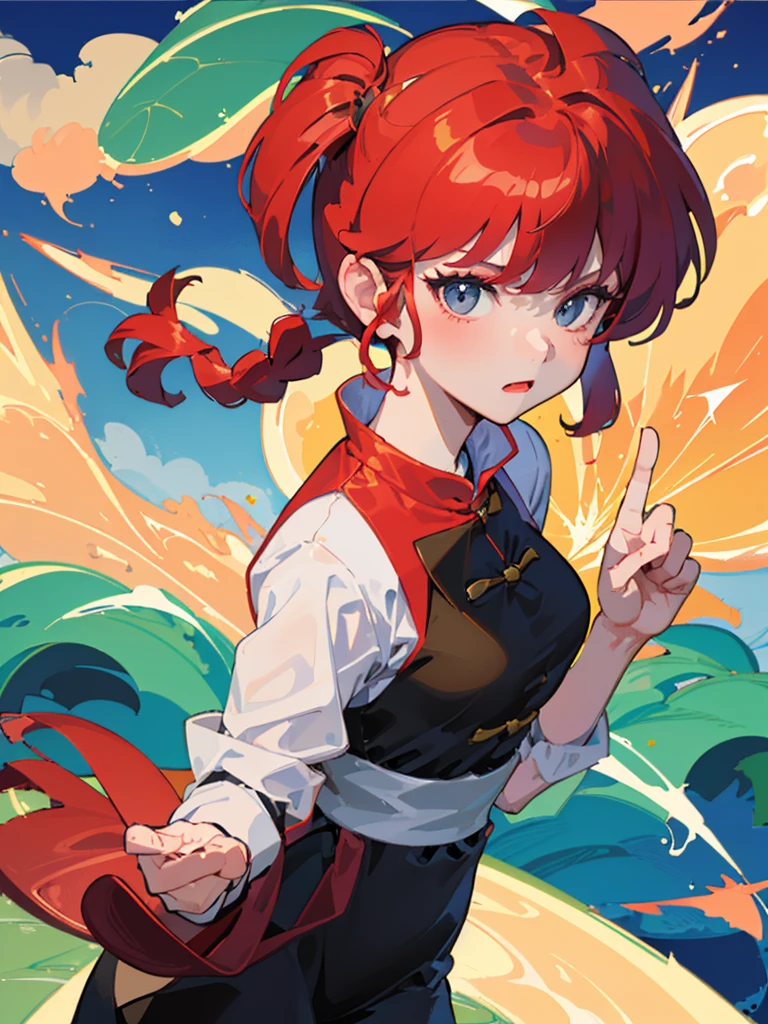 ((masterpiece:1.4)), expensive quality, very_expensive_solve, big_file size, Full Color, Thick outline, Clear contours, colorful, (Beautiful fine details, Are thin:1.4), ((Beautiful Face:1.0)), ((Boyish face:1.4)), 1 girl, (Ranma), (Redhead), short hair, (Braided Ponytail), ((bangs)), bumpy bangs, Blue-gray eyes, Big Breasts, Curvy, Ranma, Braided Ponytail, (Red Chinese Clothing), No sleeve, Tangzhuang, Black trousers, Are standing, ((, Are thin:1.4)), ((from the front:1.4)), Are thin:1.4