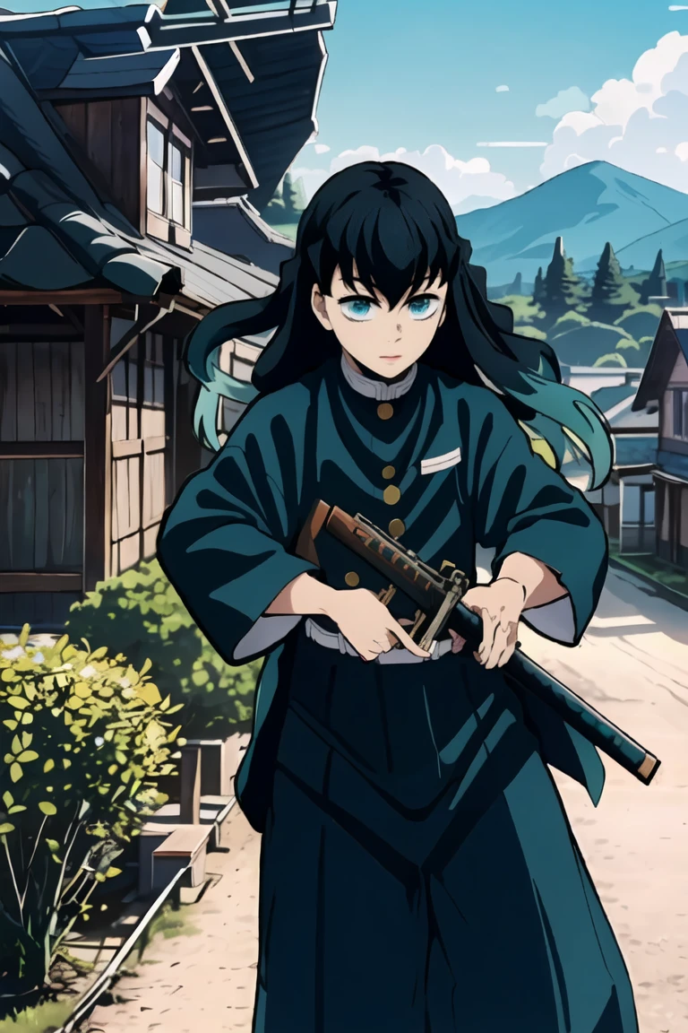 masterpiece, Best quality, (1 boy:1), Demon Slayer Uniform, One, long hair, looking at the viewer, bang, black hair, sea green eyes, multicolored hair, Tokito_Muichiro, weapon , male focus, trousers, (( village with wooden house)), daytime,  