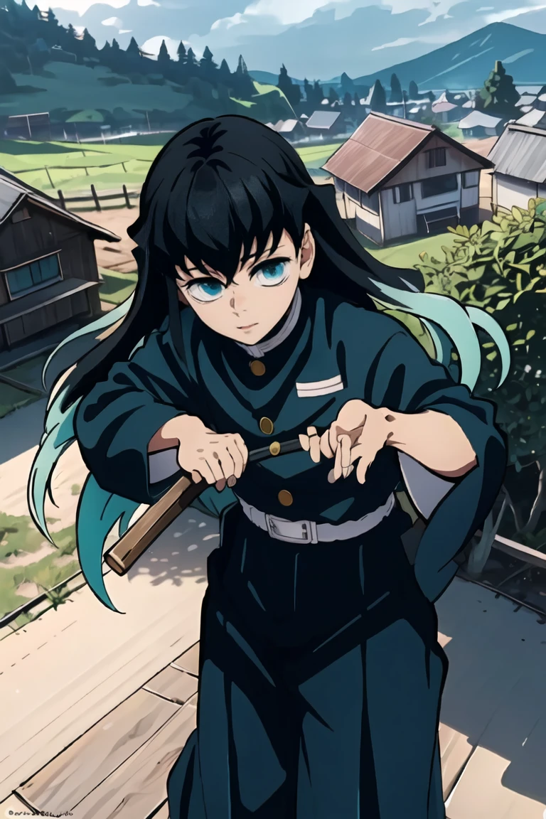 masterpiece, Best quality, (1 boy:1), Demon Slayer Uniform, One, long hair, looking at the viewer, bang, black hair, sea green eyes, multicolored hair, Tokito_Muichiro, weapon , male focus, trousers, (( village with wooden house)), daytime,  