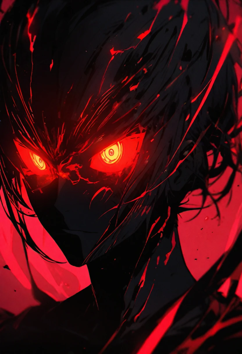 Glowing red black man with red bioluminescence eyes and background 